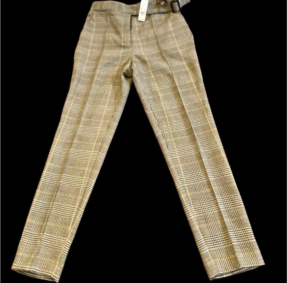 NWT New York & Company 7th Avenue Plaid Belted Dress Pants Size 6 Gray Yellow